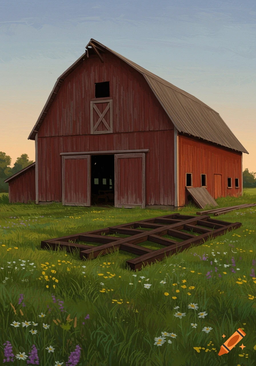 Painting of a red barn in a grassy field with wildflowers and a wooden structure.