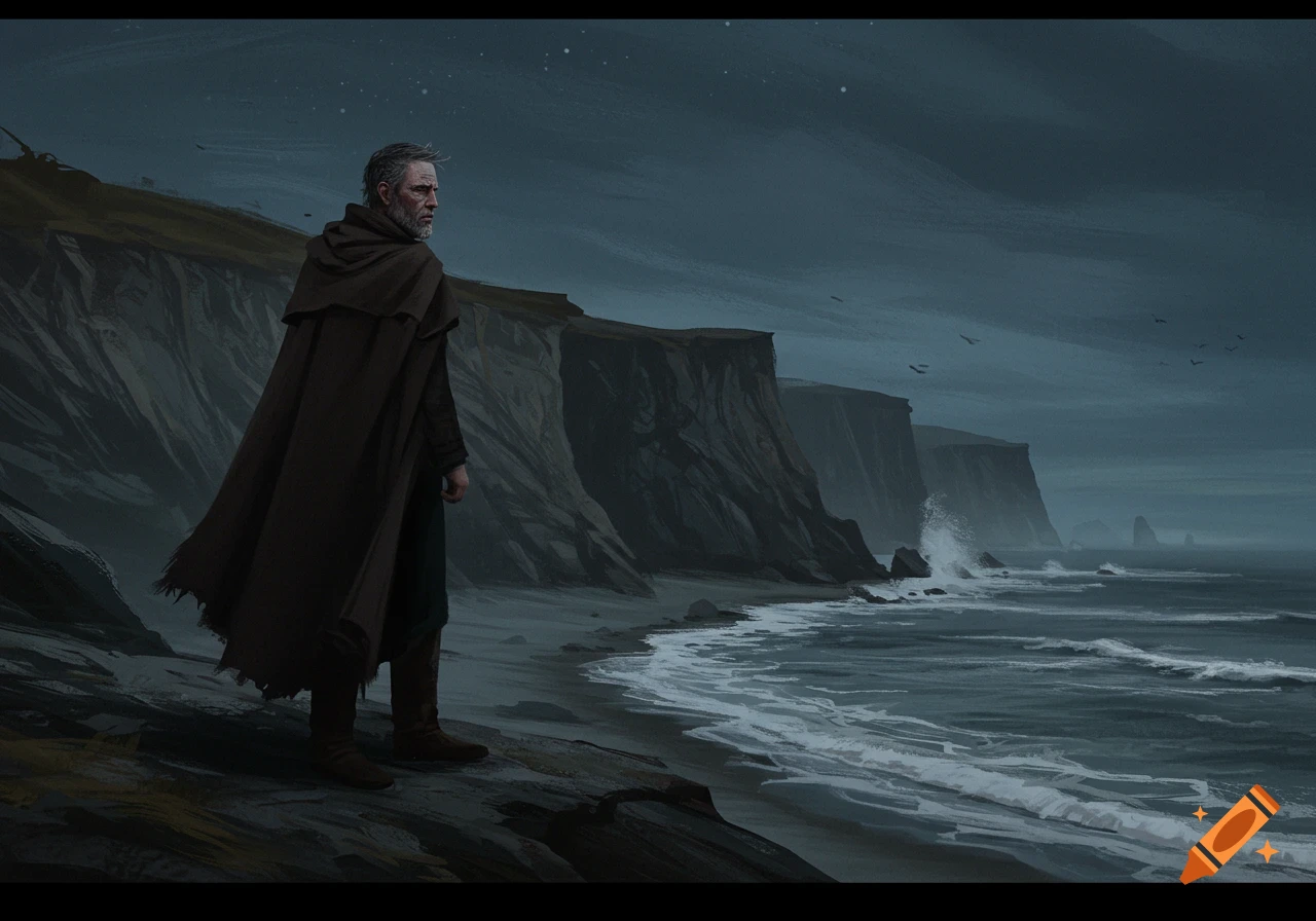 A man in a dark cloak stands on a cliff overlooking a stormy sea and beach at night.