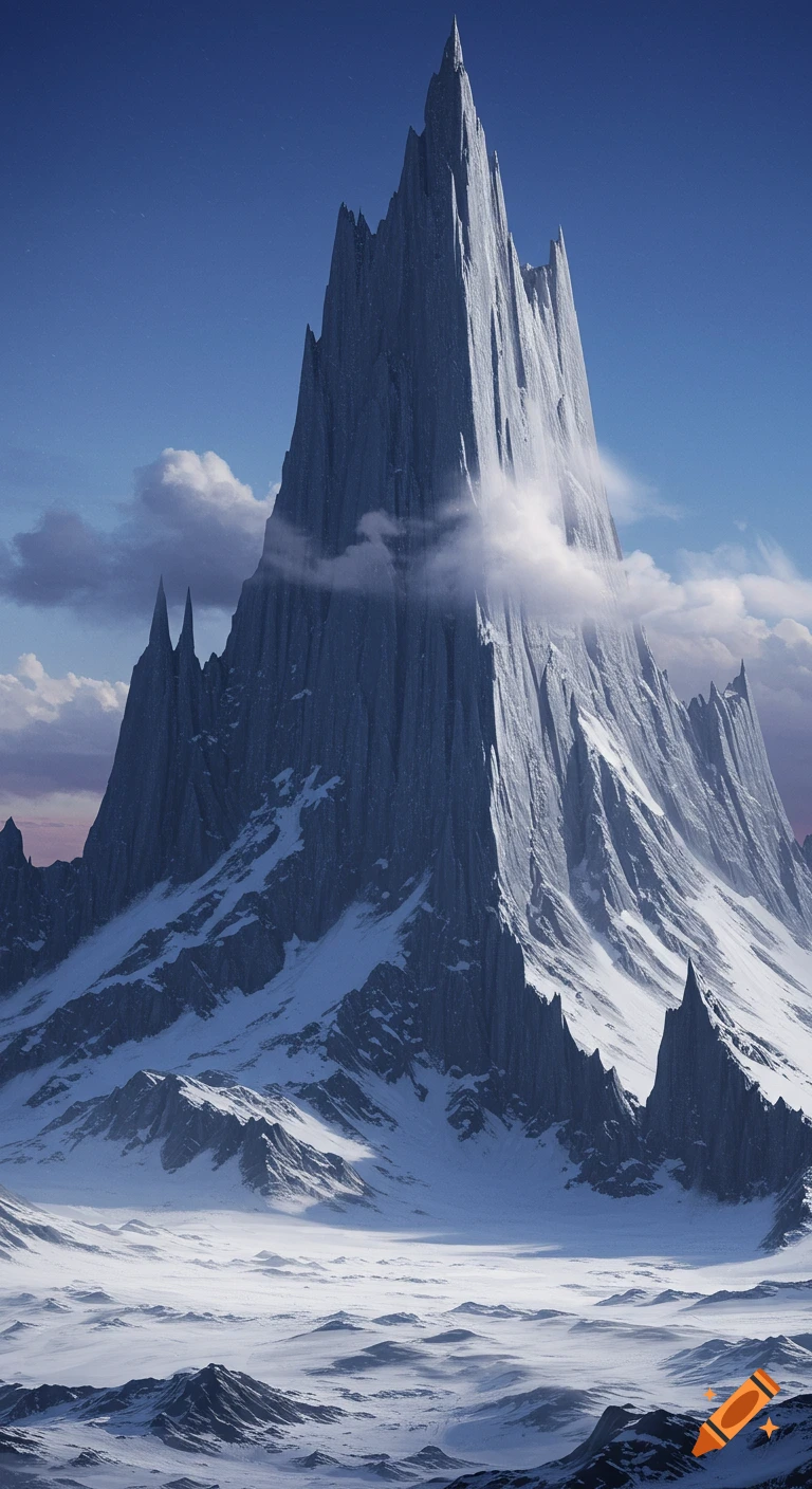 A dramatic, very tall jagged mountain covered in snow and rock, under a blue sky with clouds.