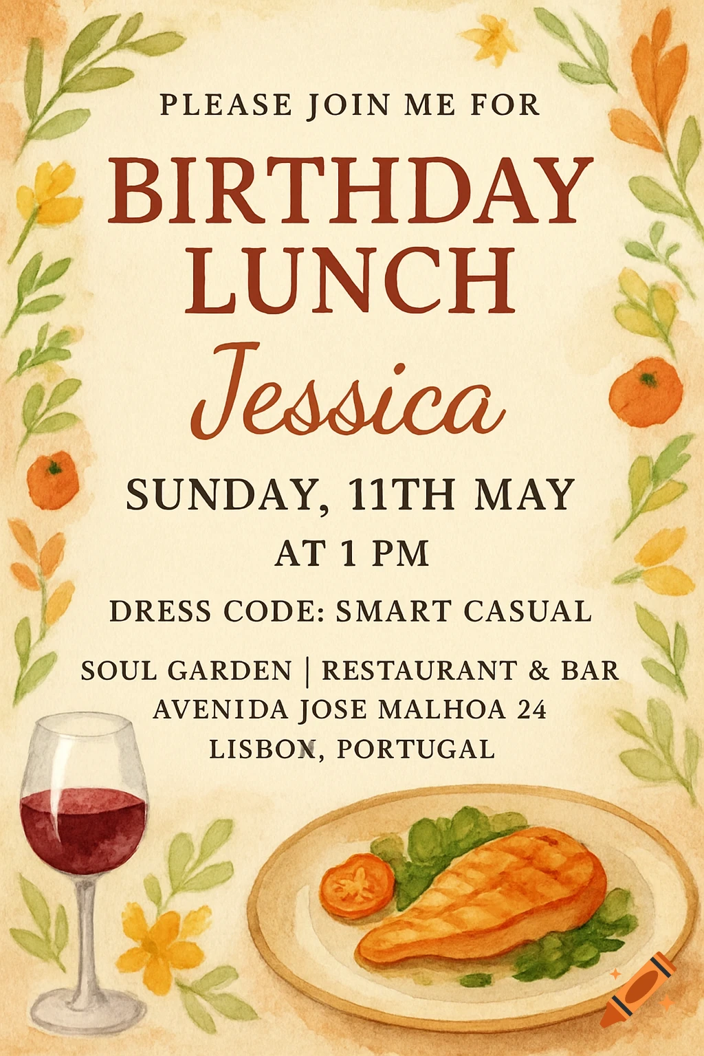 Watercolor birthday lunch invitation with text, flowers, wine, and food.
