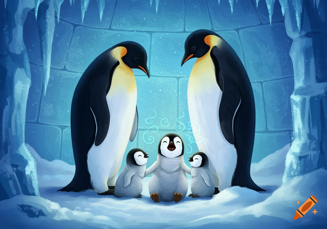 Illustrative depiction of a family of five penguins, including a crying chick, inside an icy igloo.