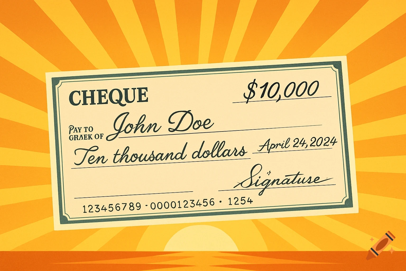 An illustration of a $10,000 cheque for John Doe against a sunrise background.