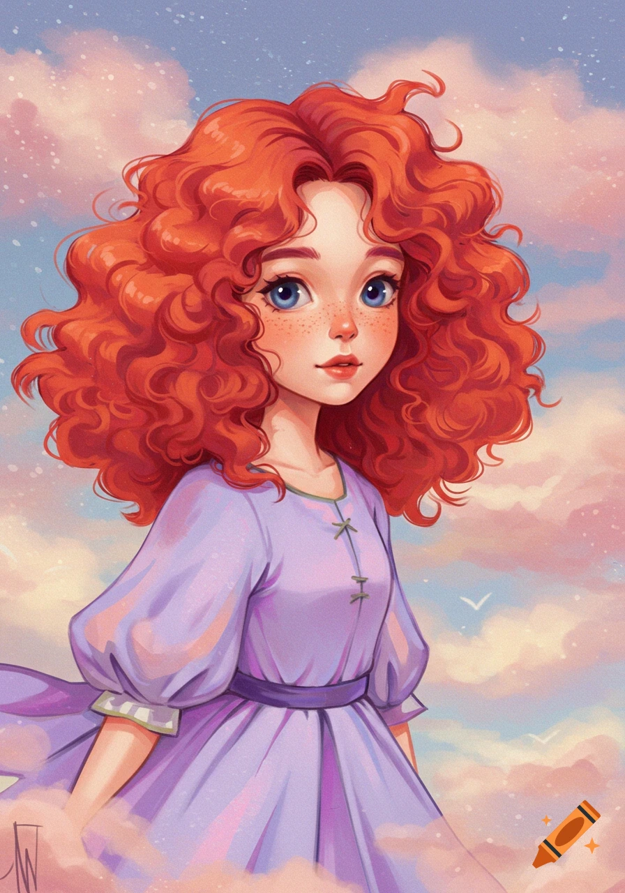 Stylized illustration of a girl with red curly hair among clouds. on ...