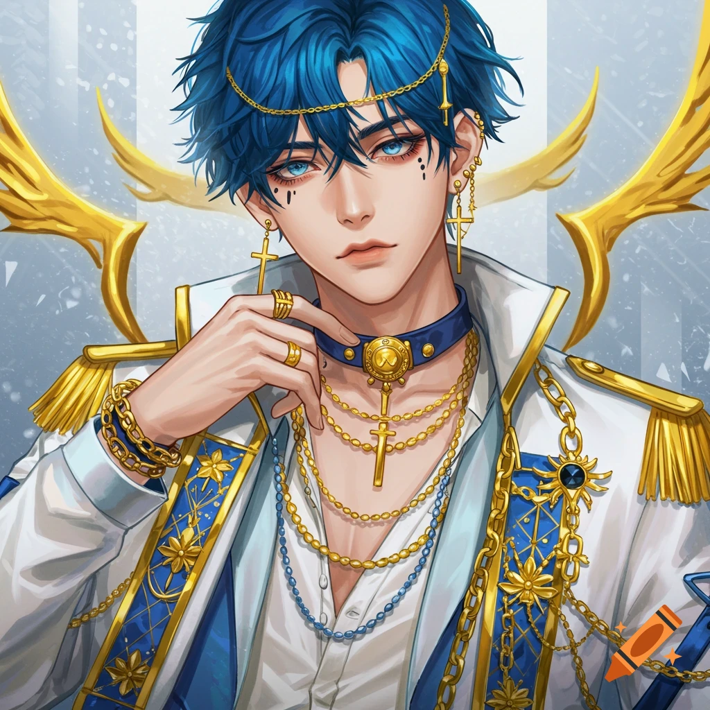 Anime illustration of a man with blue hair and gold jewelry on Craiyon