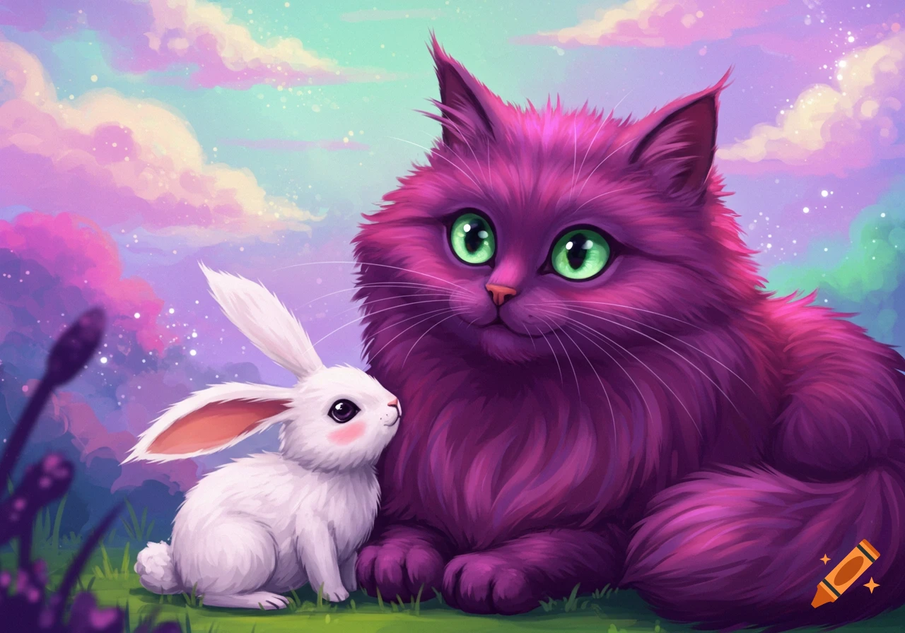 A fluffy purple cat and a white bunny in a colorful pastel fantasy landscape.