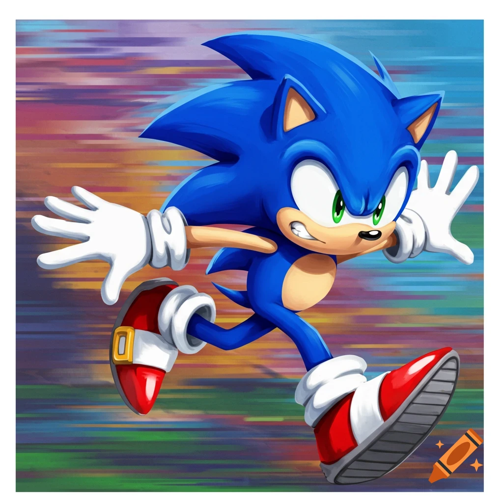 Sonic the Hedgehog runs forward against a blurred background.