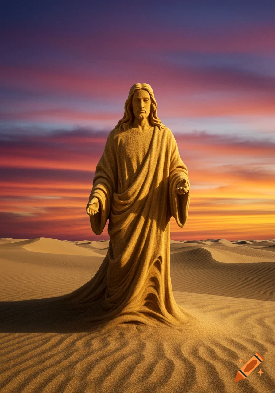 A sand statue of Jesus standing in a desert at sunset.