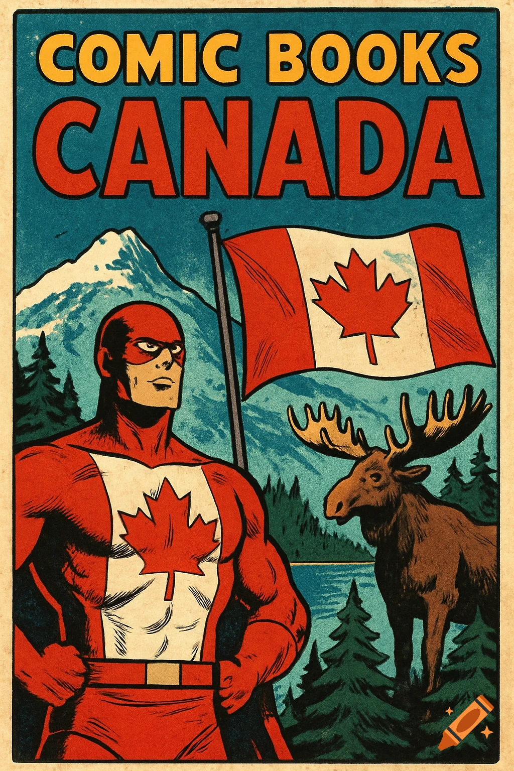 Vintage comic book cover style image featuring a superhero, Canadian flag, moose, mountains, and the title "COMIC BOOKS CANADA".