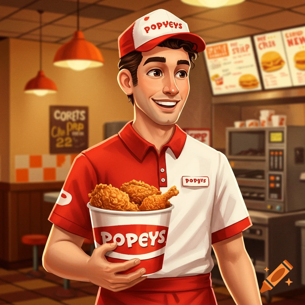 Cartoon man in Popeyes uniform holding fried chicken bucket