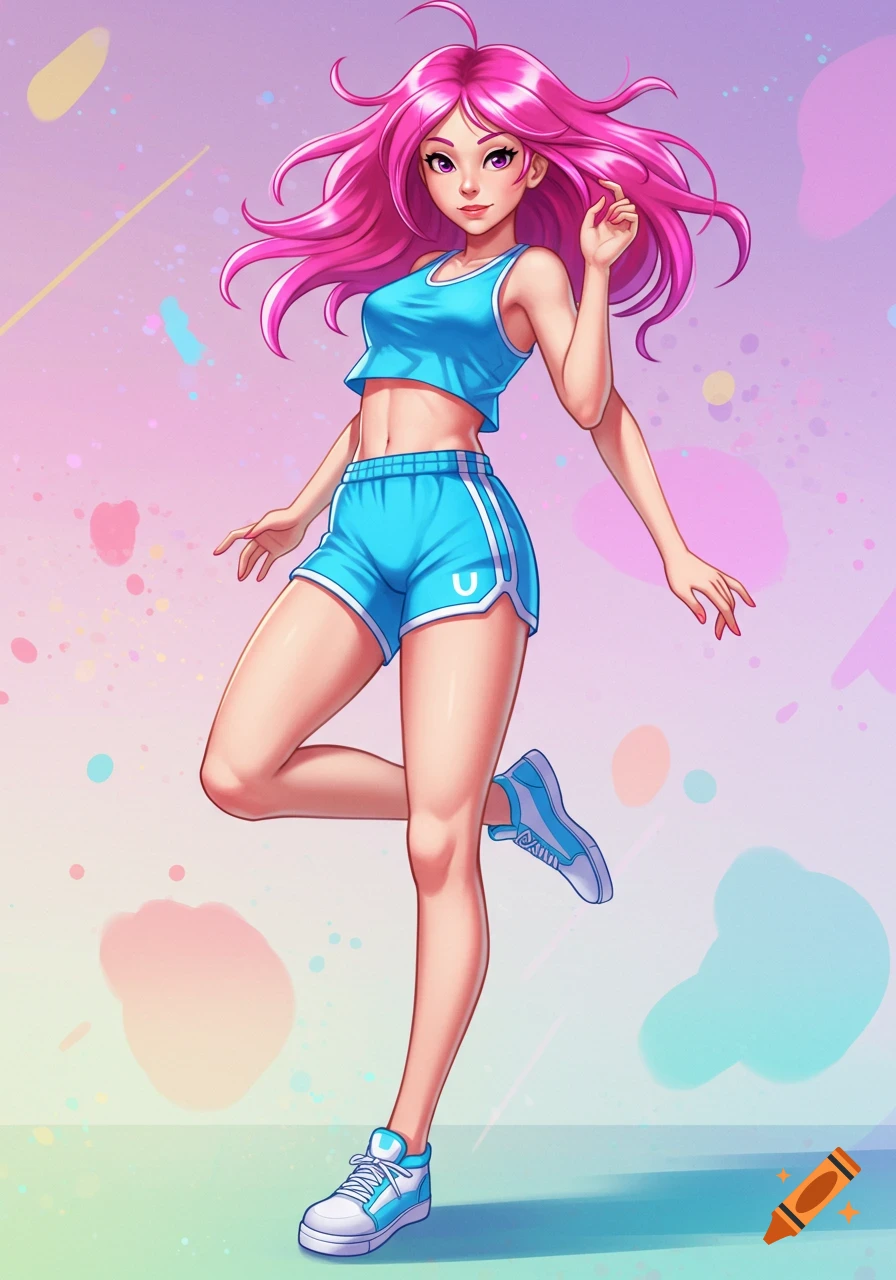 Anime girl with pink hair in blue gym shorts and crop top, posing.