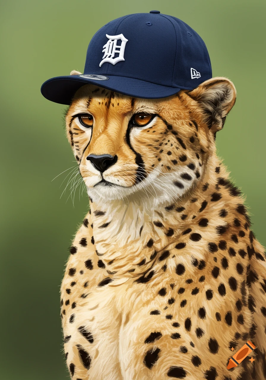 A cheetah wearing a dark blue baseball cap with a white Detroit logo.