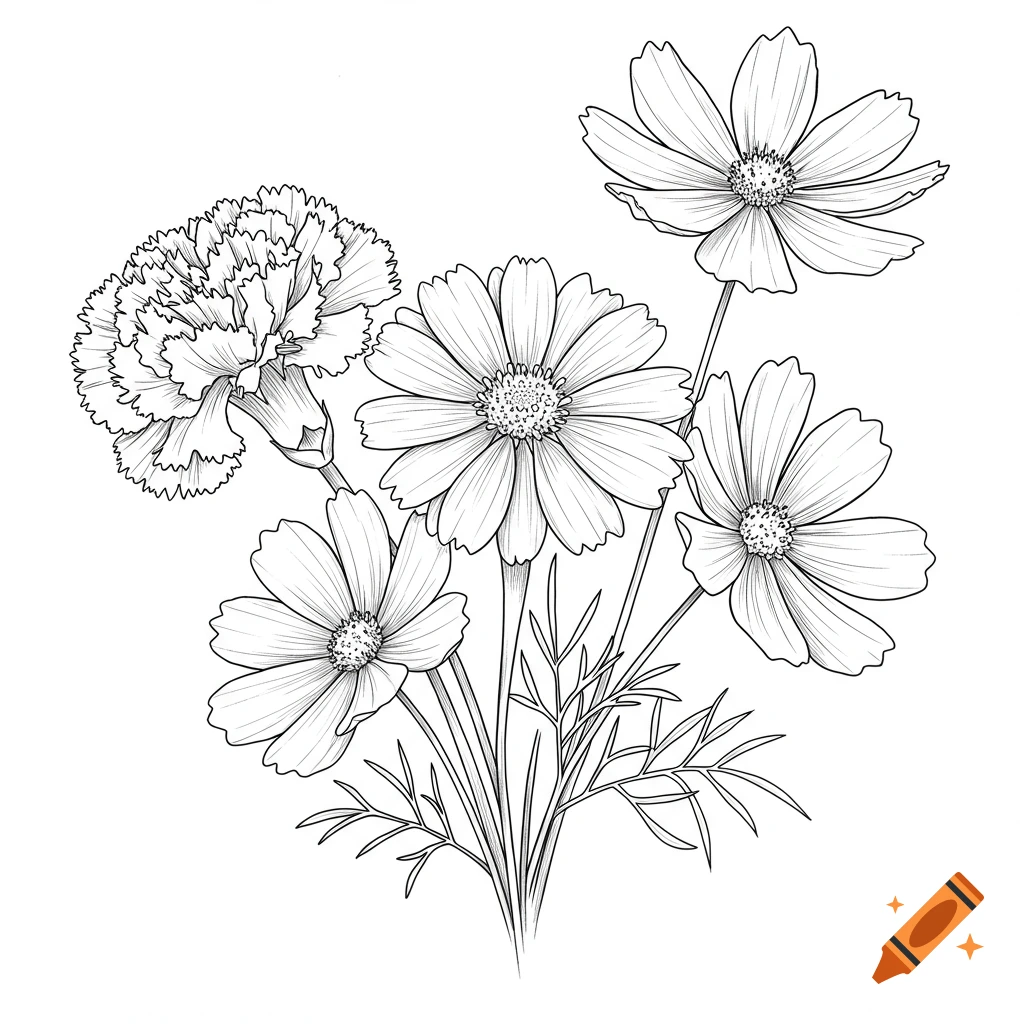 Black and white line drawing of a bouquet of flowers including a carnation and cosmos.