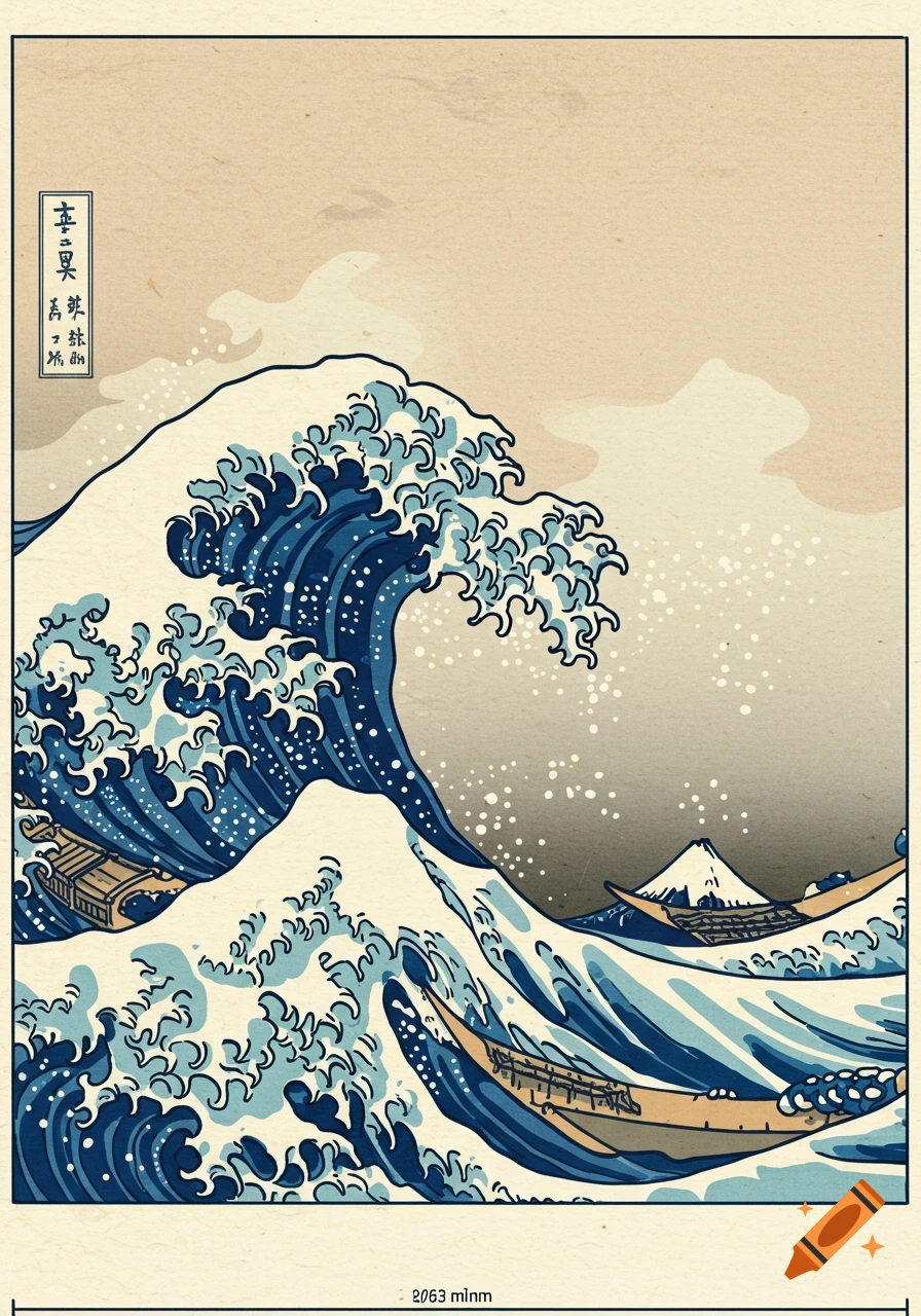 Large blue wave in traditional Japanese ukiyo-e style with boats and distant mountain