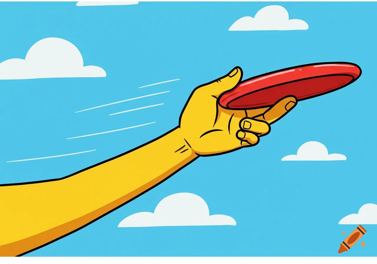 A cartoon hand throws a red frisbee against a blue sky with clouds.