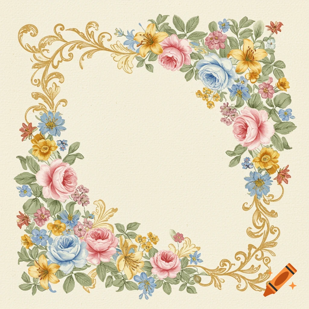 Vintage watercolor floral border with golden scrollwork corners.