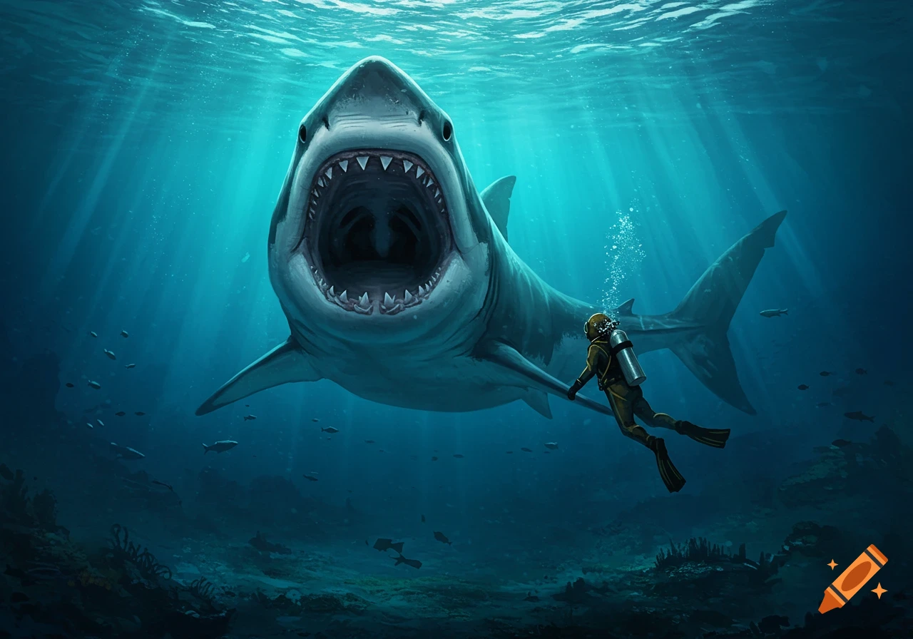 A large shark with open jaws swims towards a scuba diver underwater.