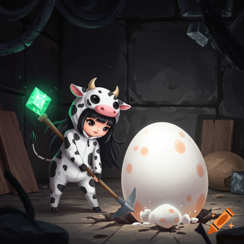 Chibi girl in cow outfit mining a giant egg in a dark cave.