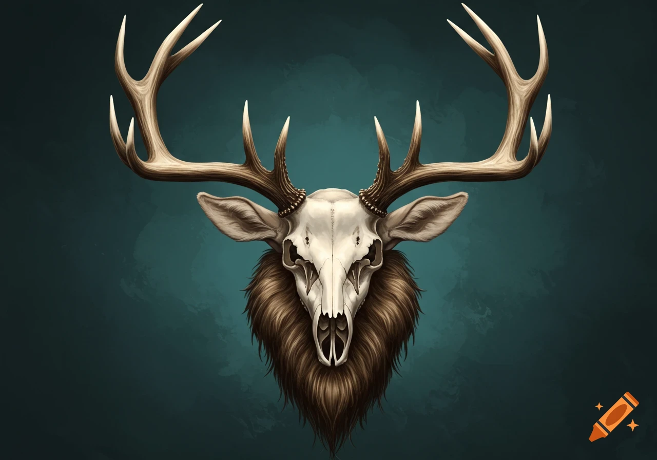 Stylized illustration of a deer skull with large antlers and a furry beard against a dark background.