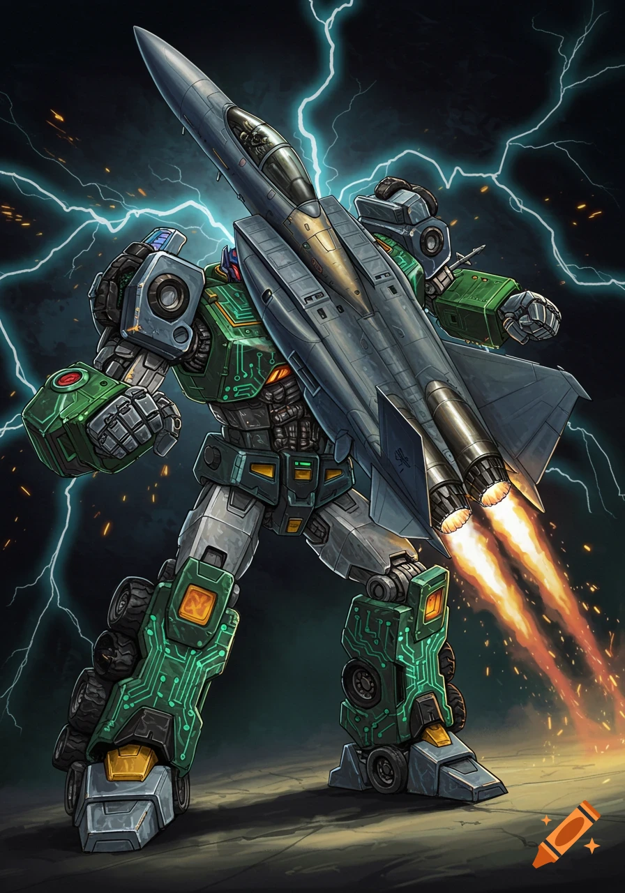 Robot holding an F-15 jet on its back against a lightning background.