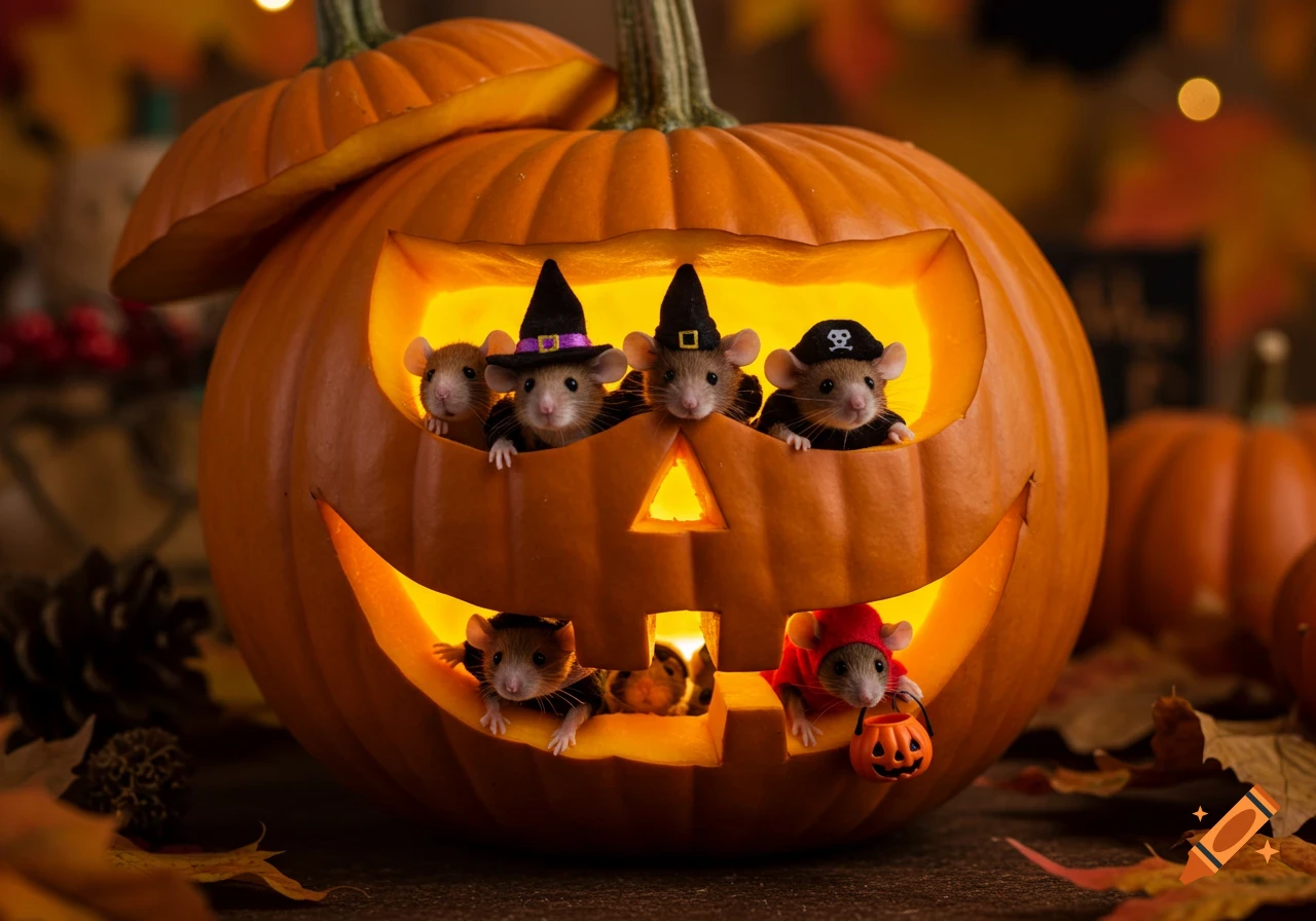 Mice in Halloween costumes peek out of a carved jack-o'-lantern.
