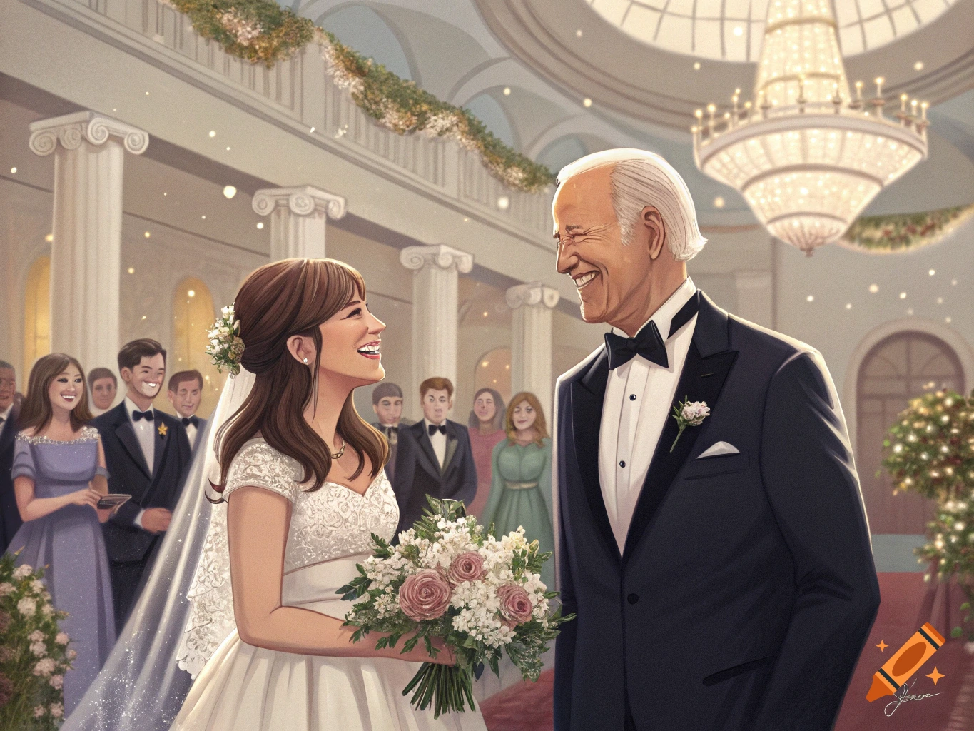 Illustration of Joe Biden and a woman resembling an anime character at a wedding ceremony.