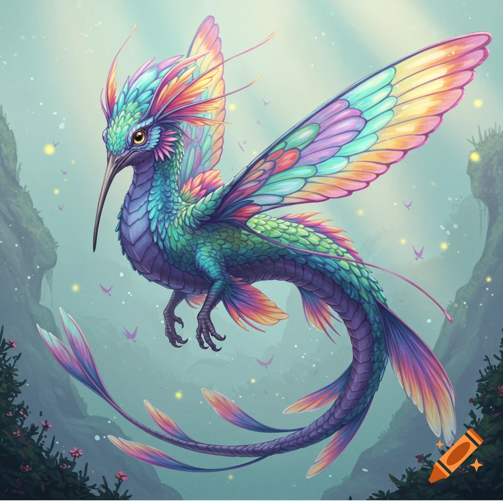 A vibrant, colorful fantasy creature with hummingbird wings and a long tail flies through a misty forest.