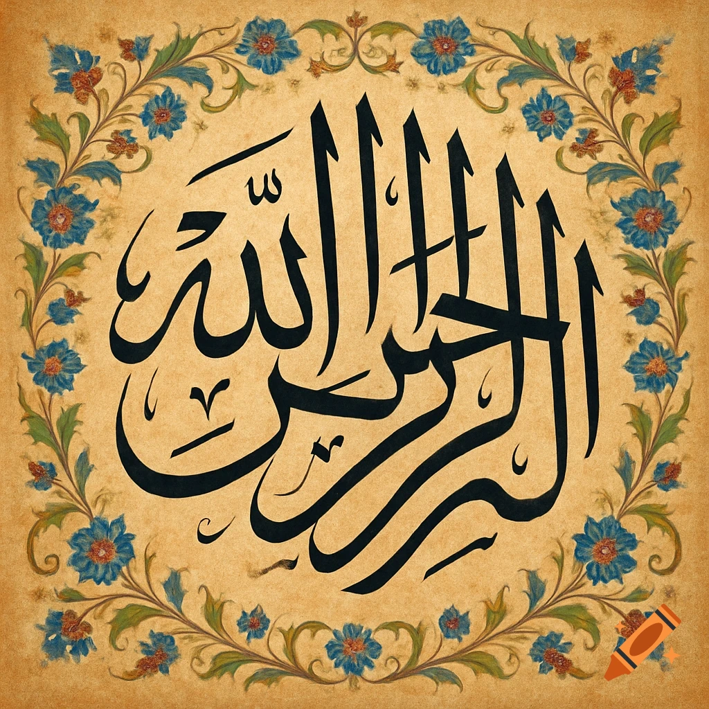 Arabic calligraphy of Bismillah surrounded by a floral border on textured paper.