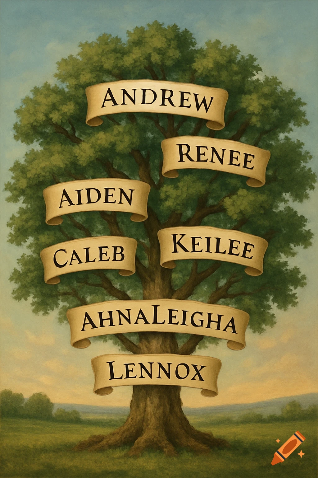 Painting of a family tree with banners showing names Andrew, Renee, Aiden, Caleb, Keilee, AhnaLeigha, Lennox.