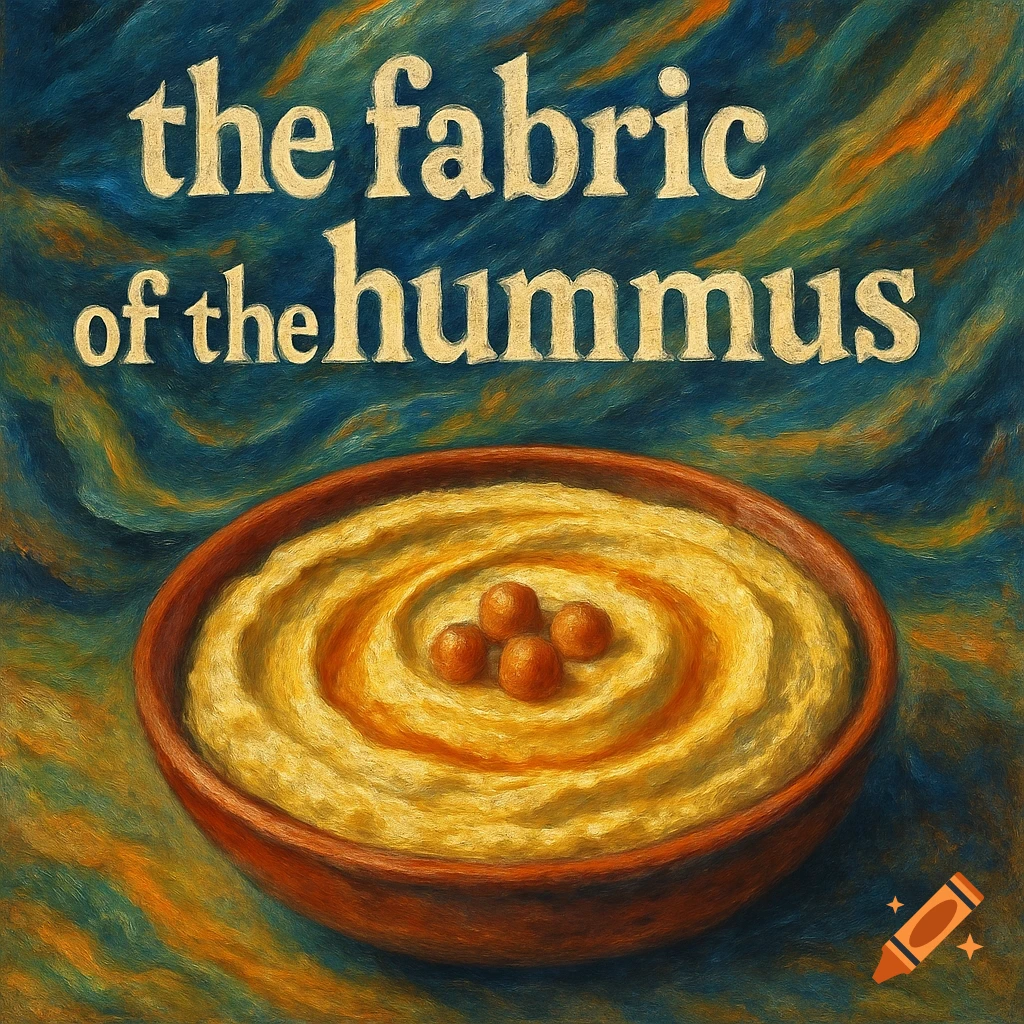 A bowl of hummus with chickpeas in a painterly style, with the title 'the fabric of the hummus' above it.