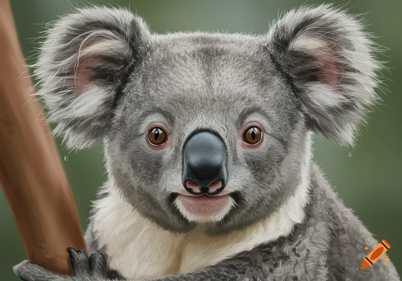 A close-up illustration of a moist koala looking forward.