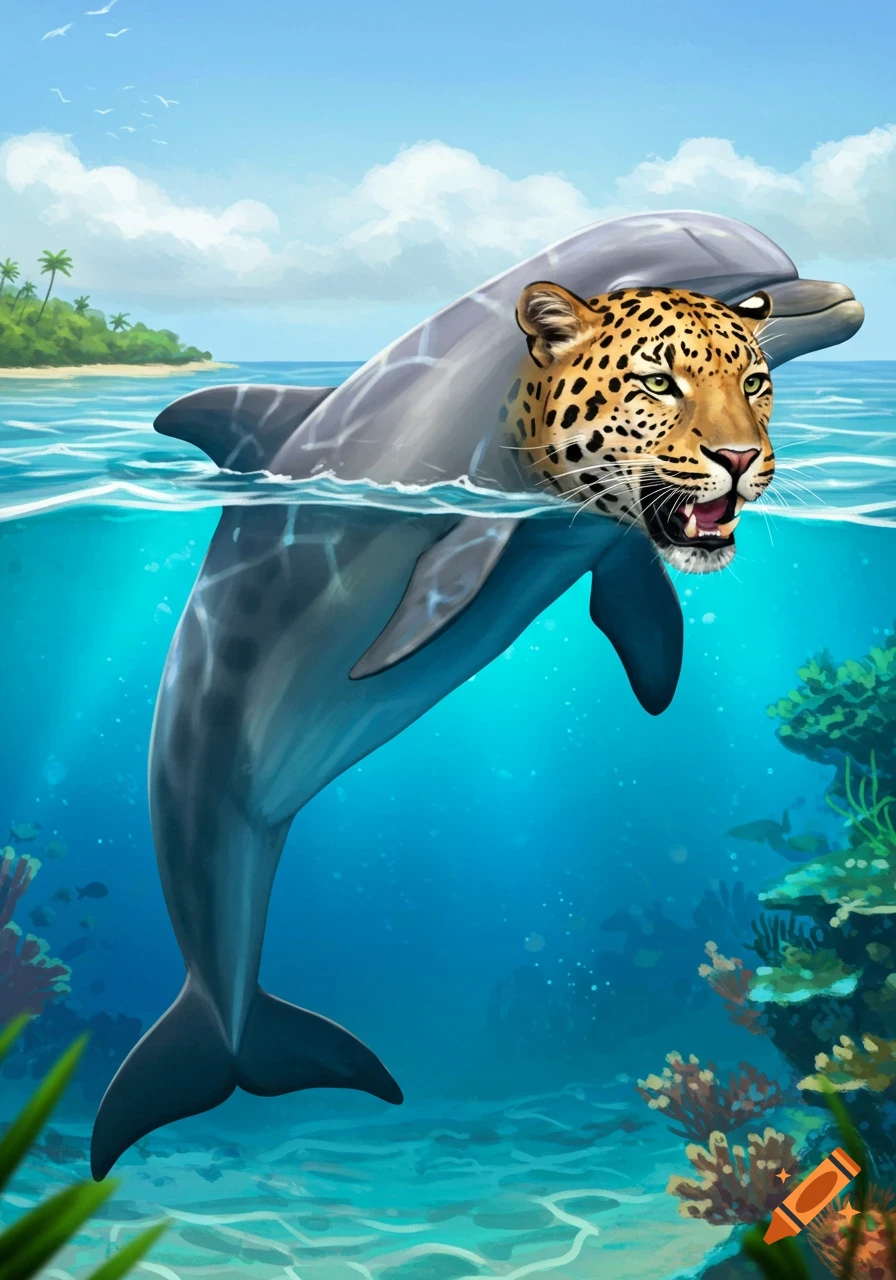 A hybrid leopard-dolphin swims in the ocean near a tropical island.
