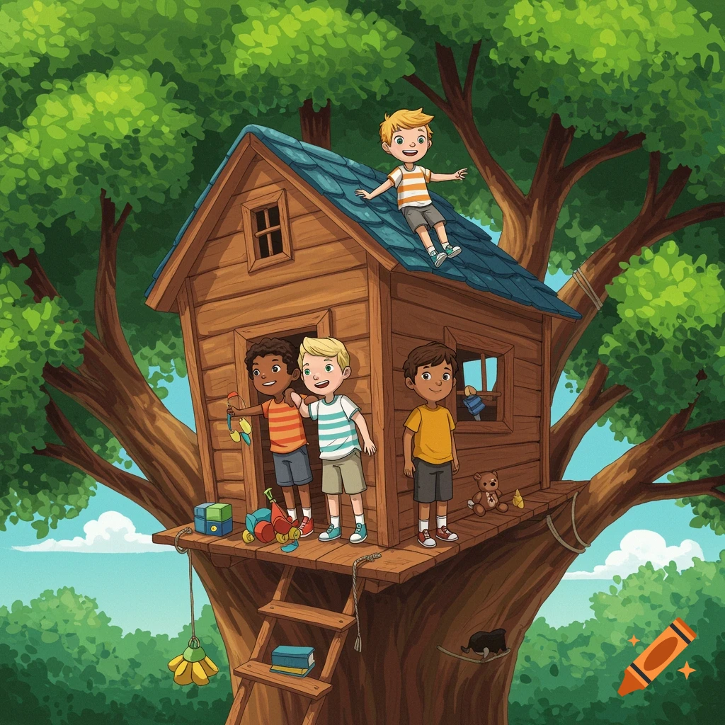 Illustration of four boys playing in and around a treehouse in a large tree.