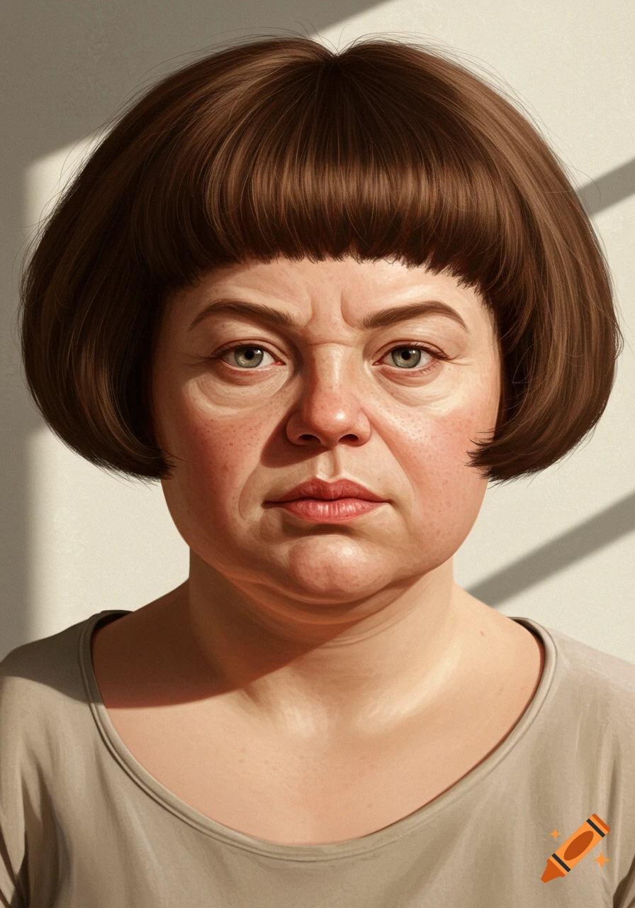 A hyperrealistic portrait of a woman with short brown hair, lit by side light.
