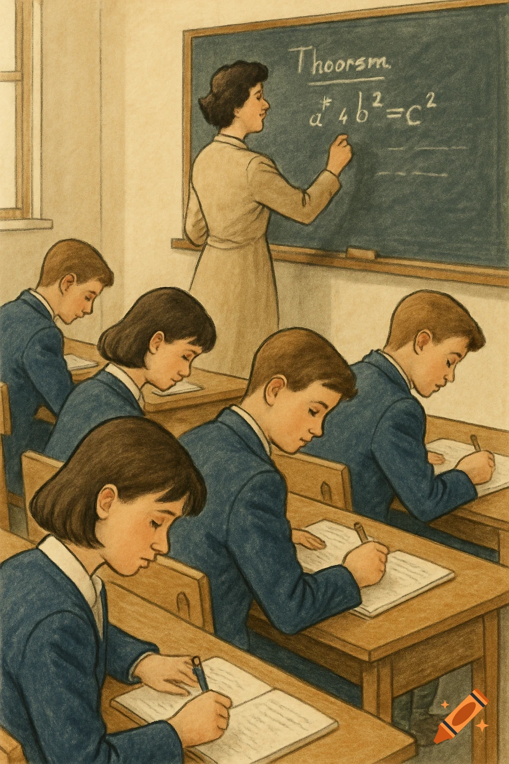 Illustration of a teacher writing on a blackboard while students write at desks in a classroom.