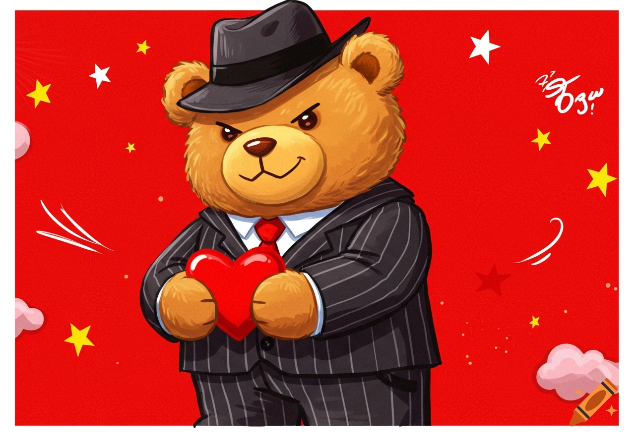 A cartoon bear in a pinstripe suit and fedora holds a red heart on a red background with stars.