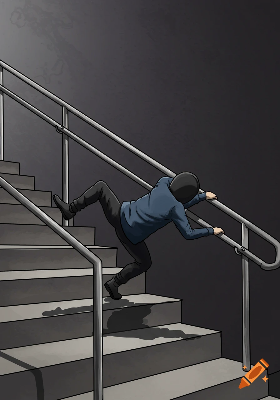 An illustration of a person falling down a set of stairs, holding onto the handrail.