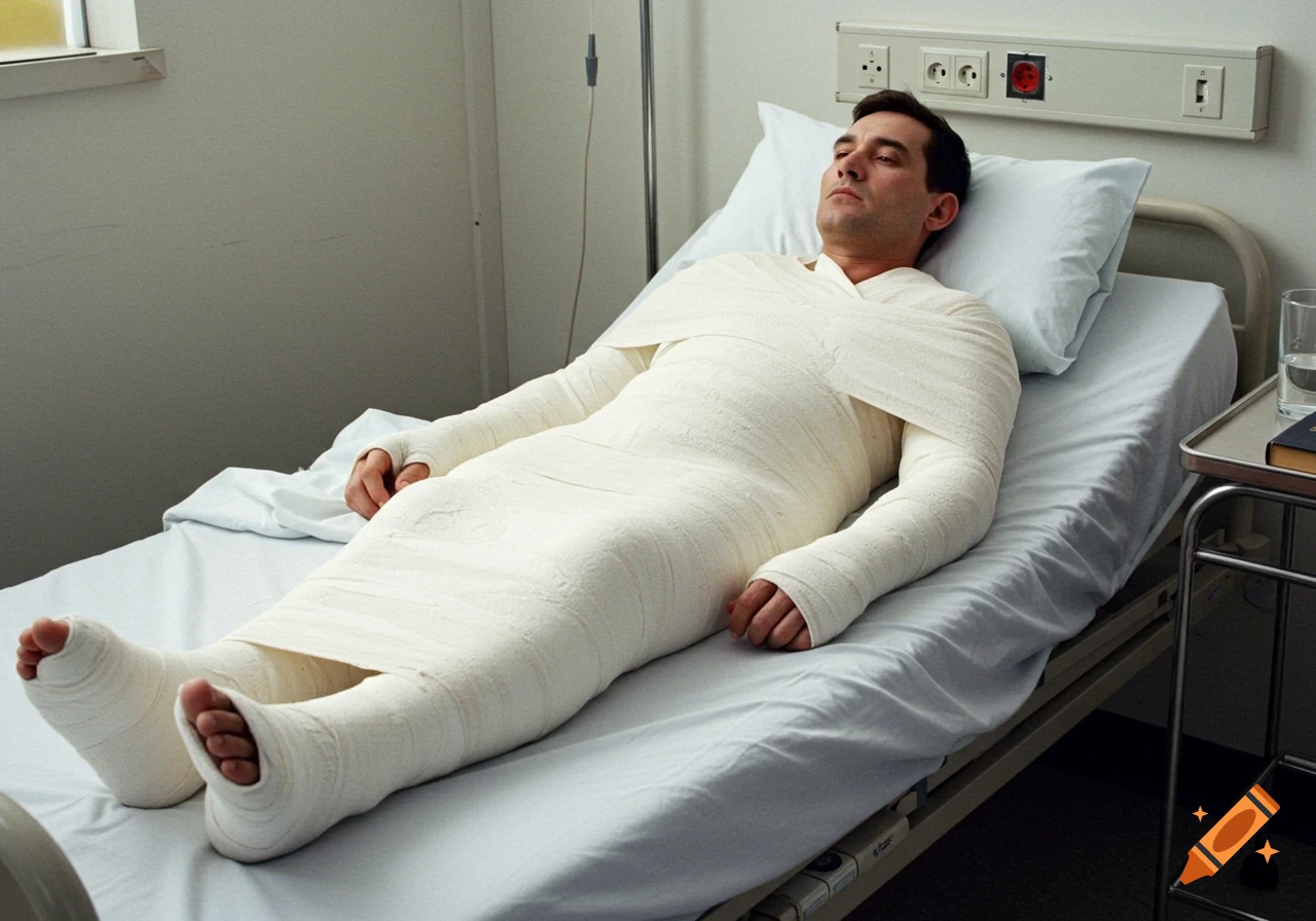A man lies in a hospital bed wrapped head to toe in bandages. on Craiyon