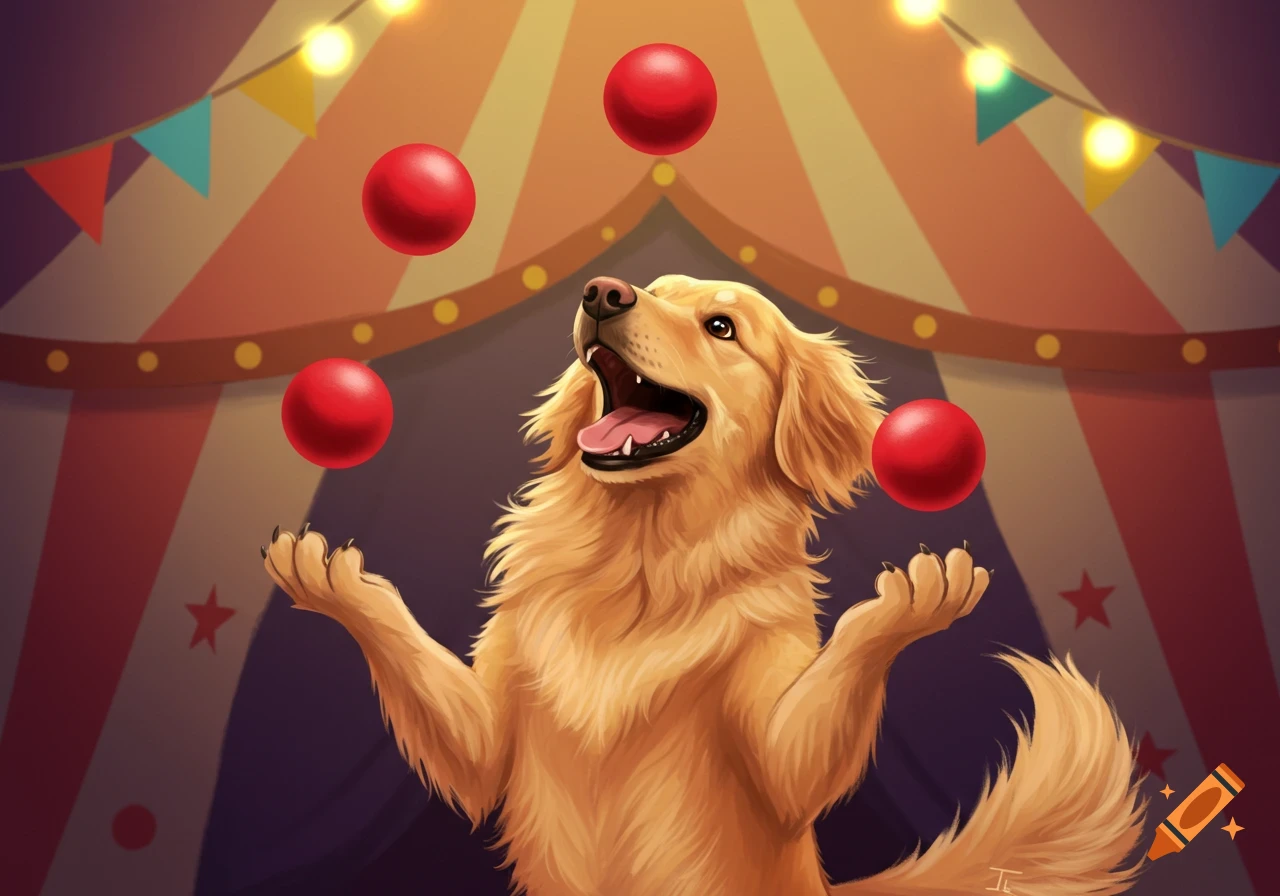 A cartoon golden retriever dog juggling red balls under a circus tent.