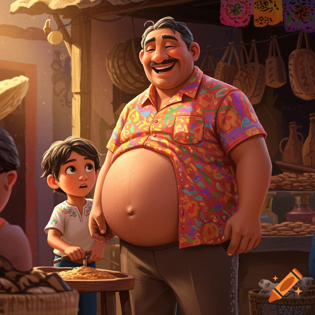 Cartoon style illustration of a portly man laughing with his son in a colorful market.