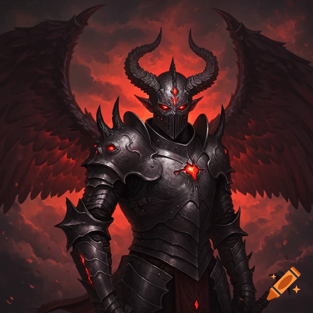 A figure in dark demonic knight armor with wings and glowing red eyes ...