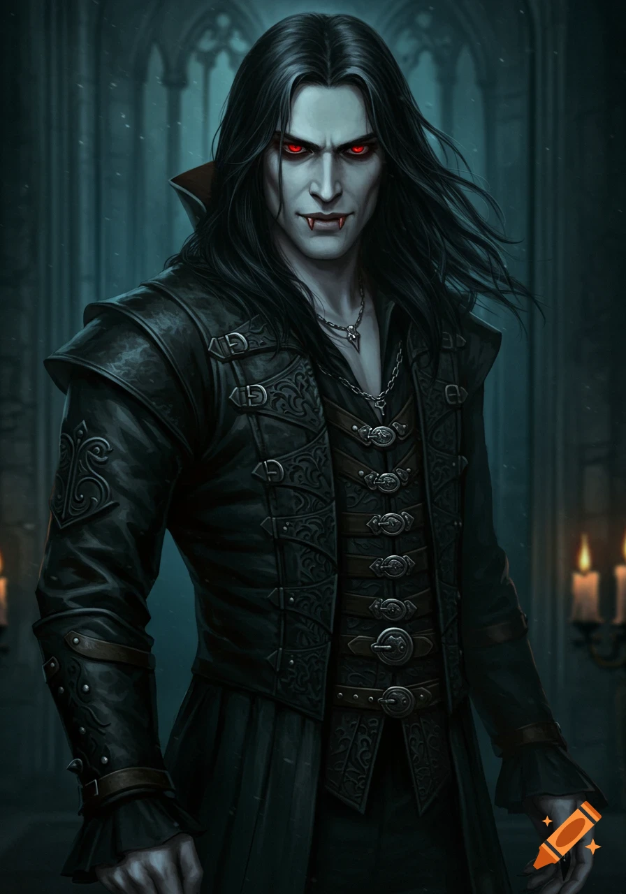 Portrait of a vampire man with long black hair and red eyes wearing medieval clothing.