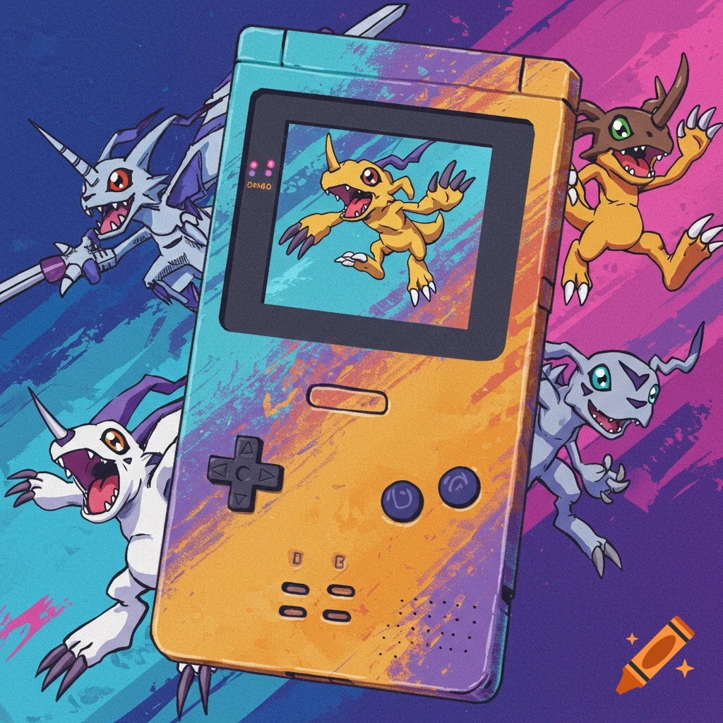 Digimon characters surround a vintage Game Boy console displaying a Digimon on screen in a colorful illustration.