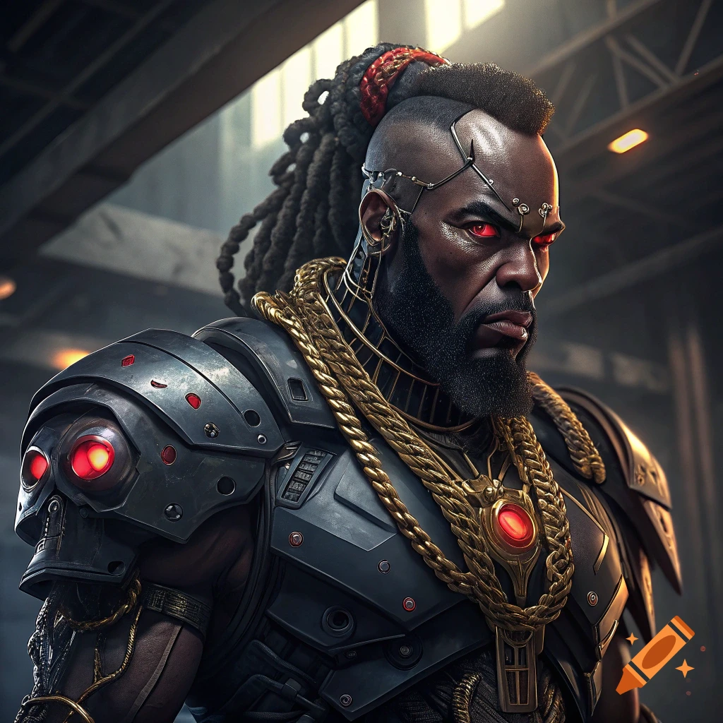 A man in futuristic cyborg armor with dreadlocks, glowing red eyes, and heavy gold chains.