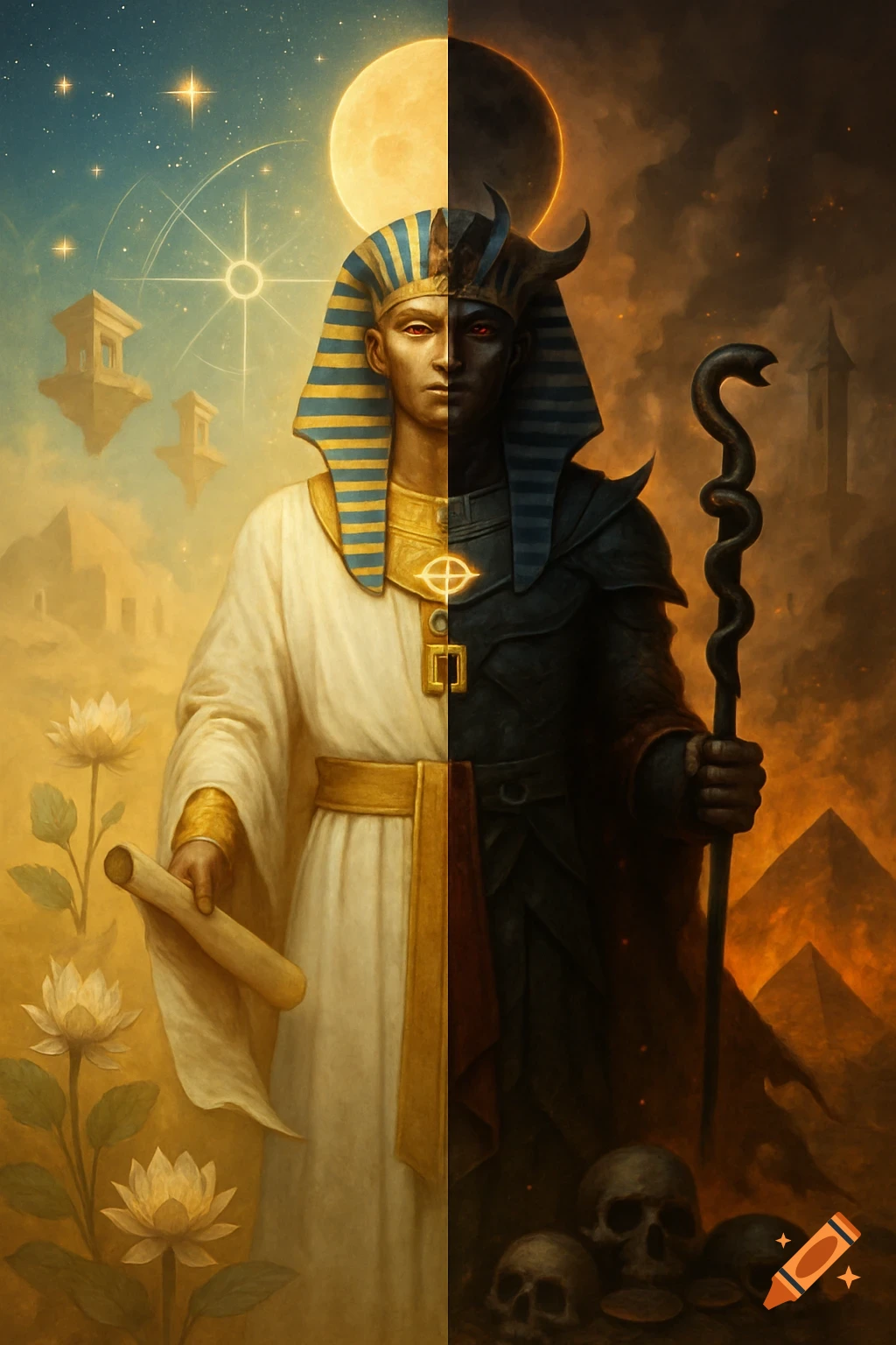 A vertical split image of a pharaoh: the left side is divine with bright robes, stars, and lotus flowers, holding a scroll; the right side is tyrannical with dark armor, skulls, pyramids, and fire, holding a serpent staff.