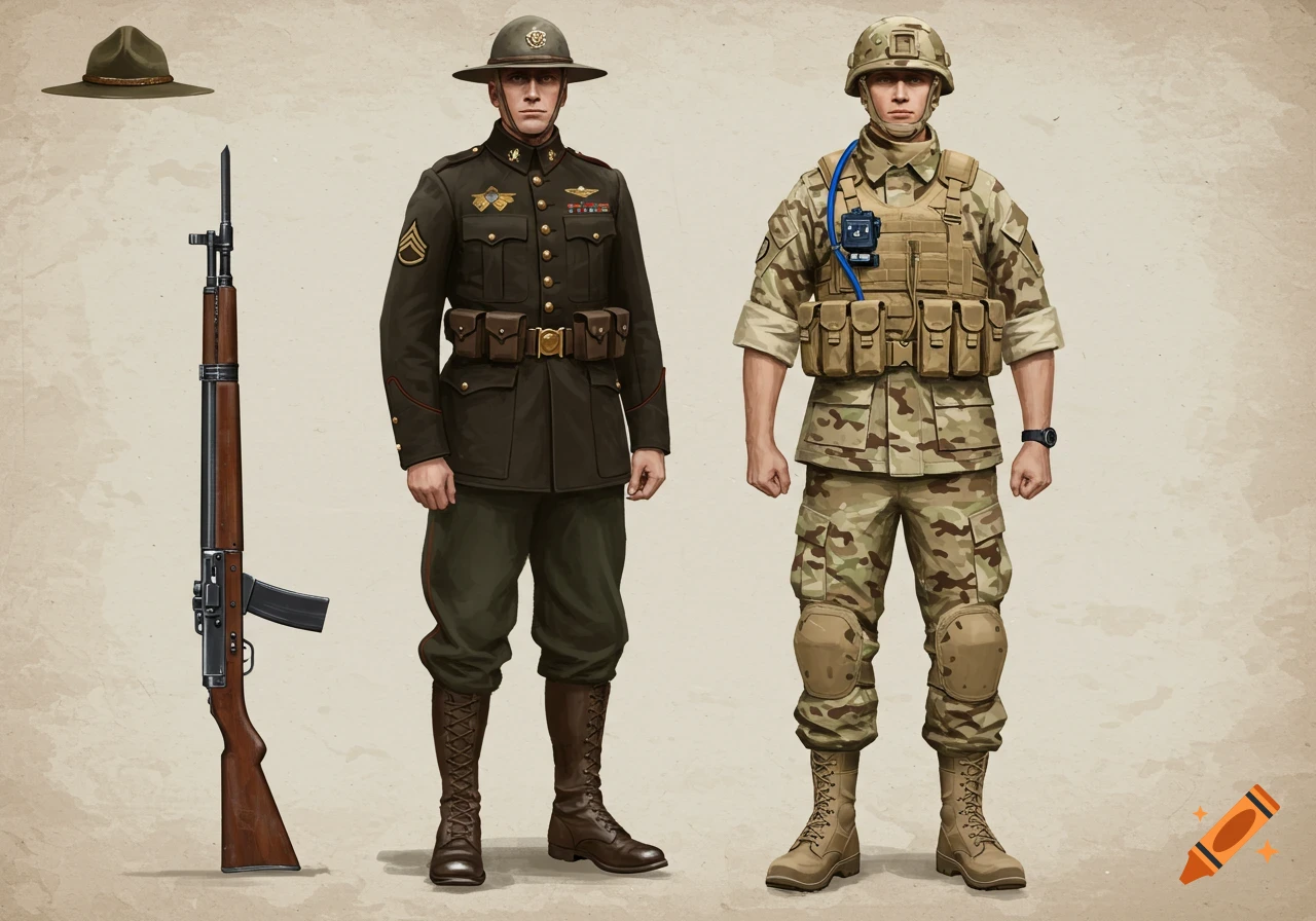 Illustration of a WWI-era US Army soldier and a modern US Army soldier standing.