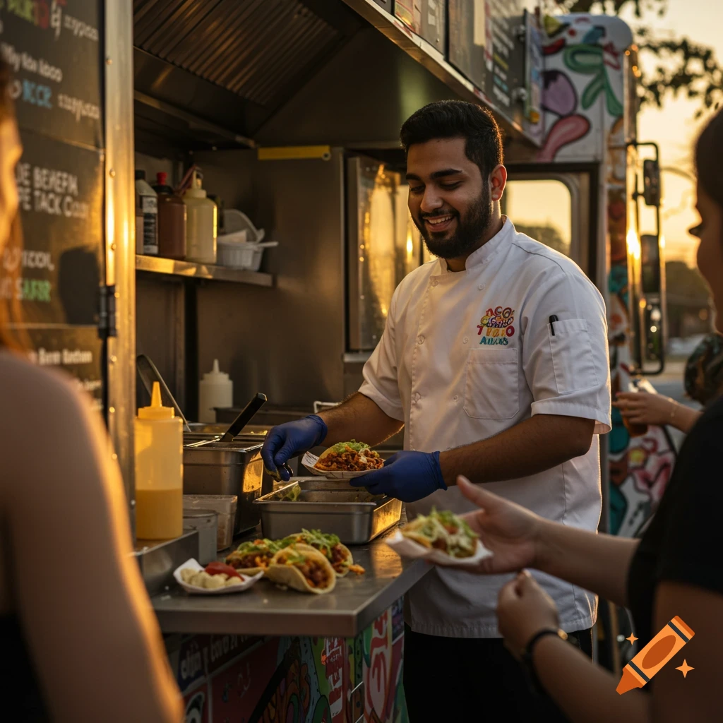A chef serves tacos to customers from a food truck.