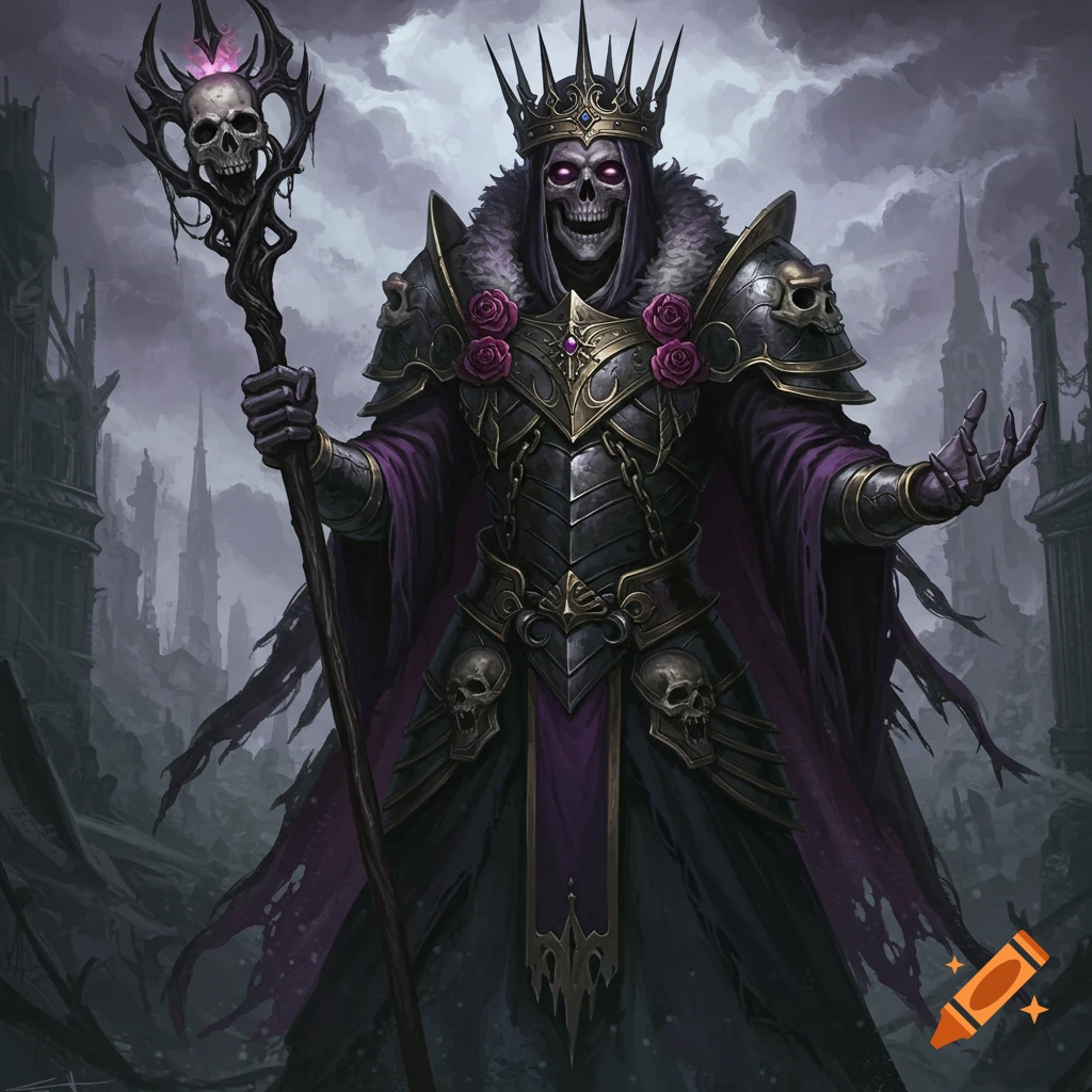 Skeletal figure in dark armor, crown, and purple robe holding a skull staff in a ruined city, dark fantasy art.