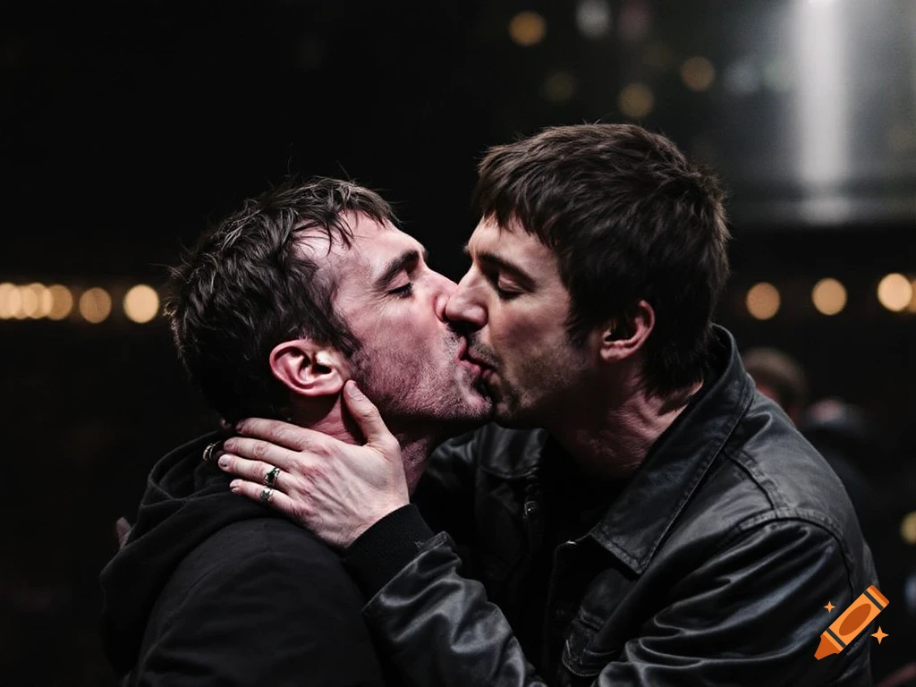 Two men kissing passionately in a dark setting with blurred lights.