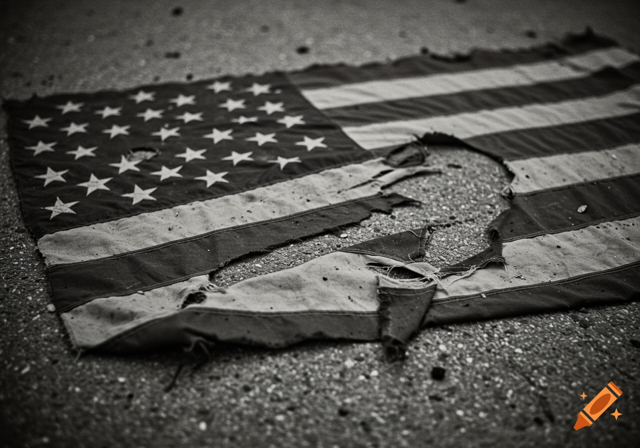 A black-and-white image of a torn American flag lying on the ground.