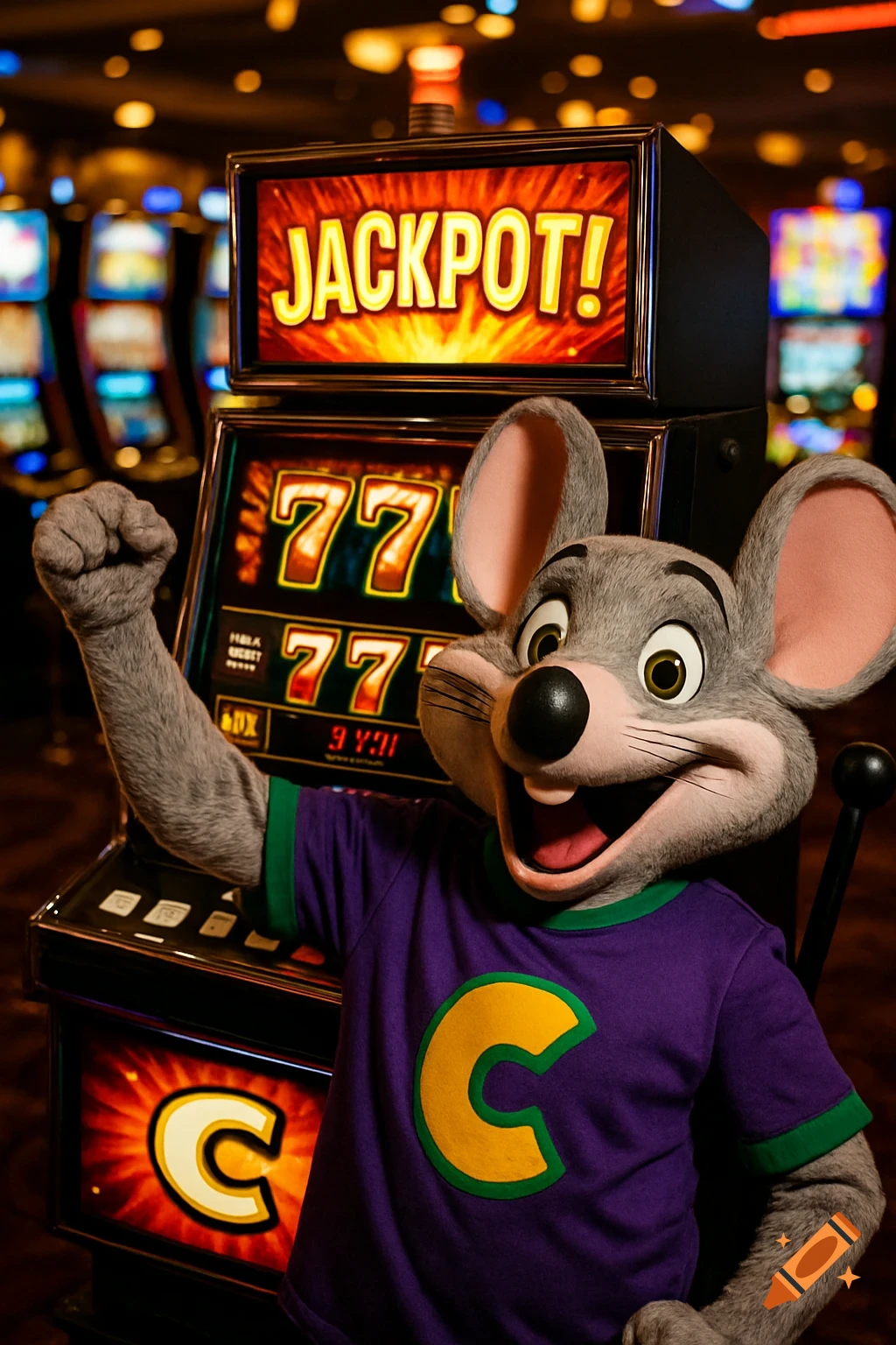 Chuck E. Cheese celebrates winning the jackpot at a slot machine in a casino.